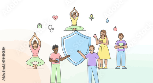 Diverse group of people practicing yoga and meditation for mental well-being.