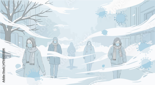 a misty city street in early winter, people wearing scarves and masks, subtle virus-shaped patterns hidden in the fog