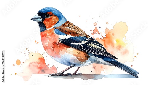 Watercolor painting of a small bird with blue head, orange chest, and brown wings, on a white background