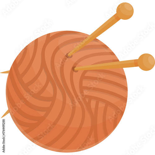 Orange Ball Of Yarn With Two Wooden Knitting Needles On A Transparent Background Isolated Flat Icon In Cartoon Style