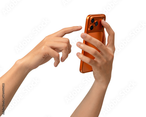 Hands using a new cosmic orange smartphone, isolated on a transparent PNG.