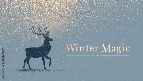 Pastel Minimalist Christmas Poster: Reindeer Silhouette in Snowfall with Elegant Gold 