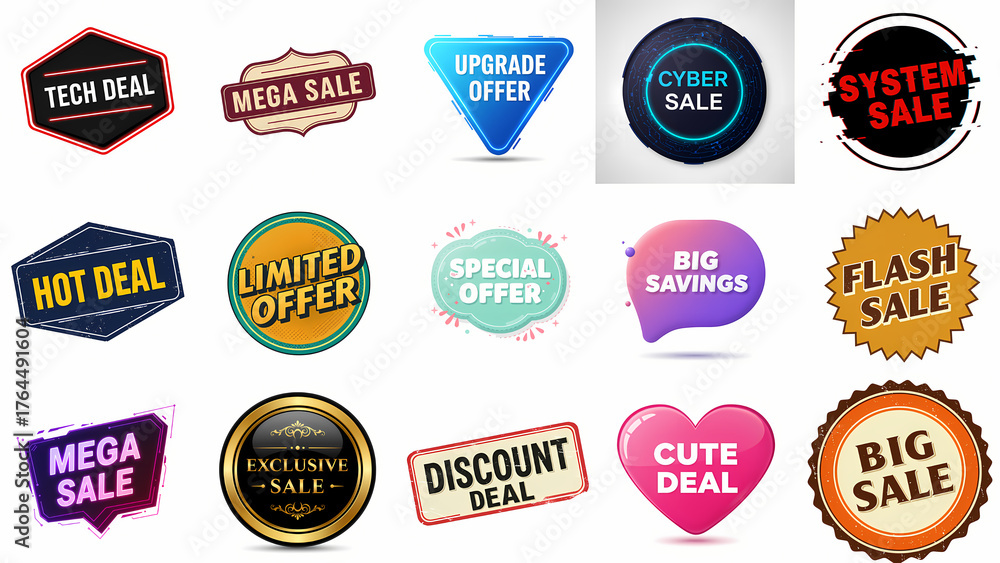 Fototapeta premium A vibrant collection of promotional sale badges and discount sticker labels for e-commerce and retail marketing campaigns