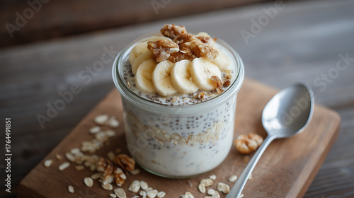 breakfast idea : A jar of creamy overnight oats topped with chia seed, fresh banana slices and crunchy walnut