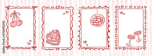 Bachelorette doodle whimsical coquette frames. Bow ribbon cherry and heart cake, champagne glasses or disco ball for wedding, birthday party and Valentines day card. Hand drawn vector illustration