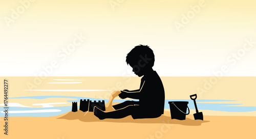 Silhouette of a Child Playing in the Sand at the Beach