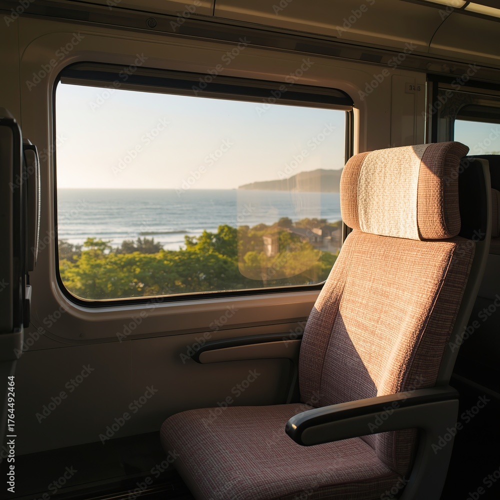 Fototapeta premium View from a Train Seat Looking Out at the Ocean on a Sunny Day