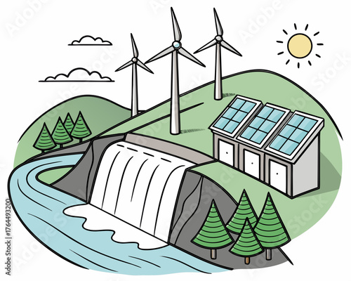 Illustration of a renewable energy landscape featuring a hydroelectric dam, wind turbines, and solar panels, with a sun and clouds in the sky, showcasing sustainable power generation
