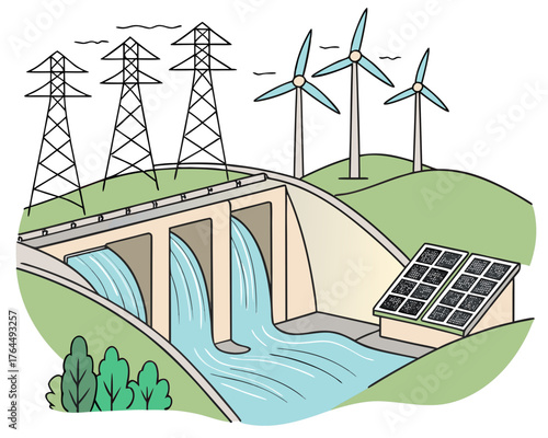 Illustration of diverse renewable energy sources including a hydroelectric dam with flowing water, wind turbines, solar panels, and power lines, demonstrating a comprehensive approach to clean energy