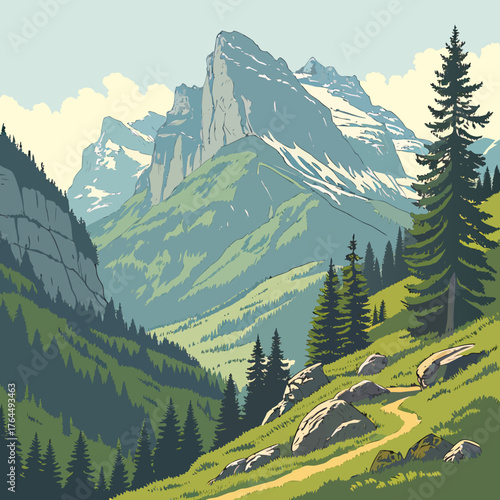 Vector art of a picturesque mountain landscape unfolds with towering peaks, verdant valleys, and a winding trail, inviting exploration and adventure amidst the serene beauty of natures grandeur