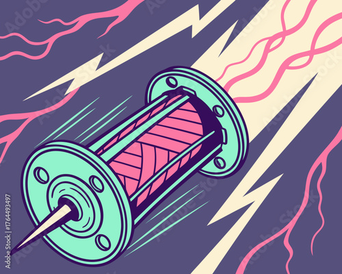 Vector art of a spool of thread hurtles through the air, propelled by lightning bolts and streaks of light, creating a dynamic and electrifying scene with a sense of speed and energy