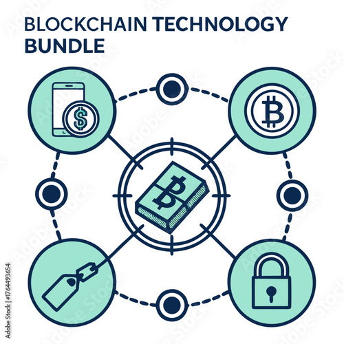 Vector art of blockchain technology bundle illustration showcasing a comprehensive suite of digital solutions, emphasizing security, connectivity, and decentralized financial systems