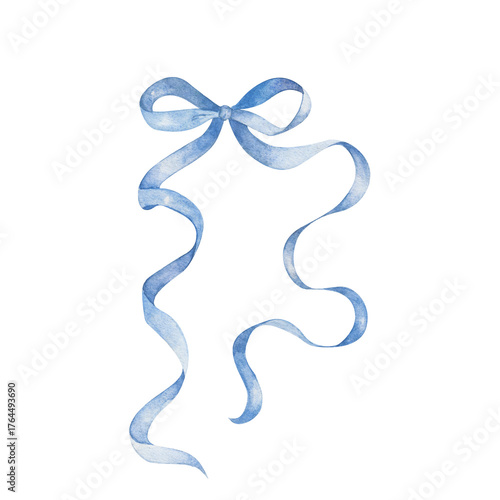 Dusty blue pastel ribbon bow tie. Cute girly style. Hand drawn watercolor isolated on white background