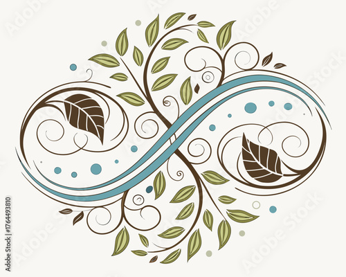 Vector art of elegant infinity symbol with swirling branches and leaves, representing nature, growth, and eternal connection, in a harmonious and balanced design