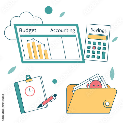 Vector art of financial planning and management illustration the image represents budget, accounting, savings, and time management for effective financial health