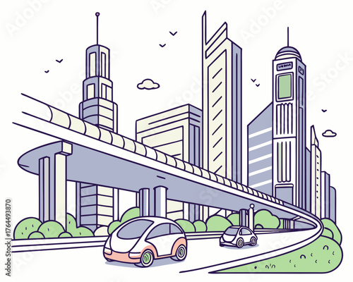 Vector art of futuristic city skyline with selfdriving cars on a highway under an elevated road, showcasing modern architecture, urban transportation, and green spaces