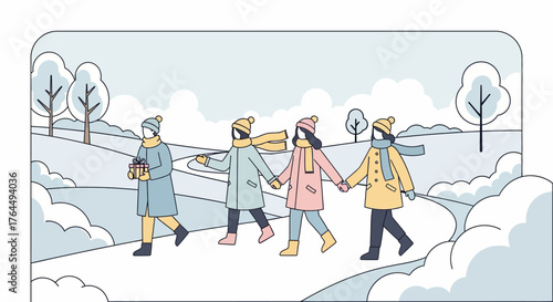 Group of friends walking together in winter attire, holding hands and carrying a gift.