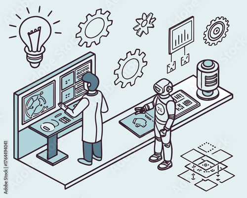 Vector art of isometric illustration of a scientist and a robot working in a lab, surrounded by screens, gears, and a light bulb, symbolizing innovation and technological advancement