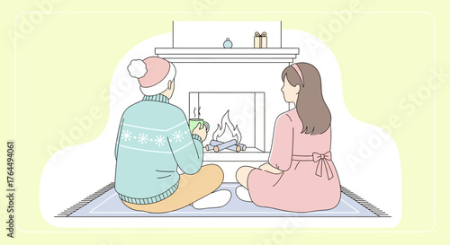 Couple enjoying cozy time by the fireplace, sharing warmth and comfort together.