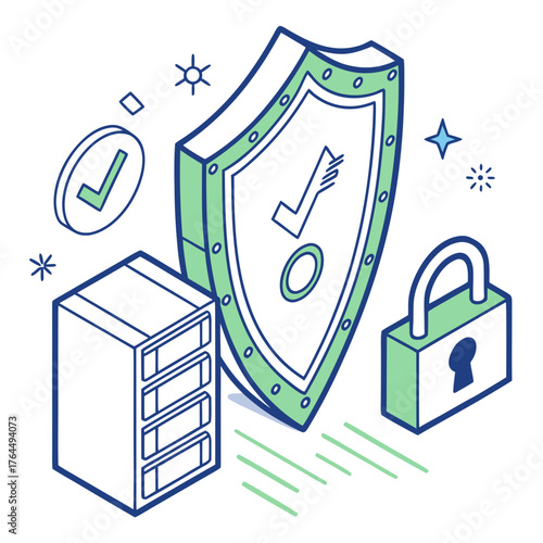 Vector art of isometric illustration of data security, featuring a shield, server, and padlock, symbolizing protection and privacy ideal for cybersecurity concepts