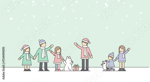 Children and adults enjoying a snowy winter day with gifts and pets.