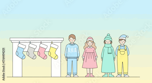 Four children standing in front of a fireplace with Christmas stockings.