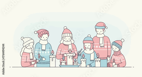 Group of people wearing winter clothes holding candles together.