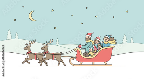 Santa Claus and reindeer flying in sleigh with gifts.