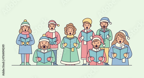 Group of Carolers Singing Christmas Carols in Winter Attire.