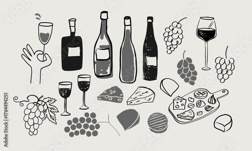 Sketch with Wine, Grapes, Cheese. Vector illustration with various bottles and glasses of wine, vineyard, winery. Design elements for Beaujolais Nouveau festival, tasting, label, card. Drink party