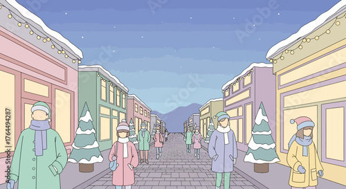 Winter Street Scene with People and Snow-Covered Buildings.