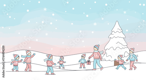 Children playing in the snow during winter season.