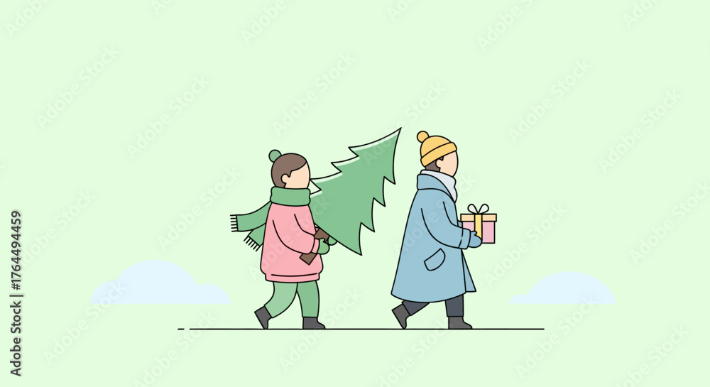 Fototapeta premium Two children carrying a Christmas tree and a gift.