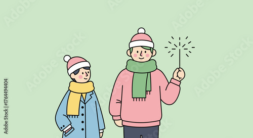 Two People Celebrating with Sparkler in Winter Clothing.
