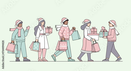 Diverse group of people enjoying holiday shopping season.