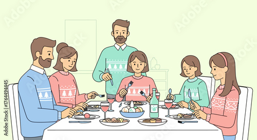 Happy family enjoying a festive meal together at the dining table.