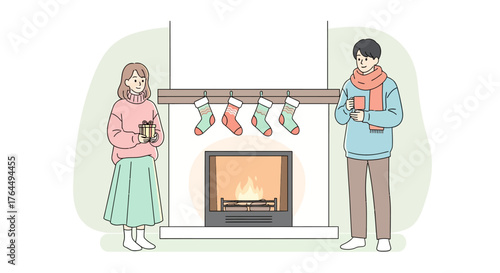 Couple Holding Gifts by a Cozy Fireplace with Christmas Stockings.