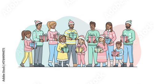 Diverse group of multiethnic families and children celebrating Christmas with gifts.