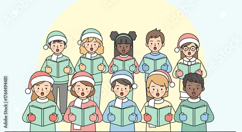 Childrens choir singing Christmas carols with festive winter hats and books.