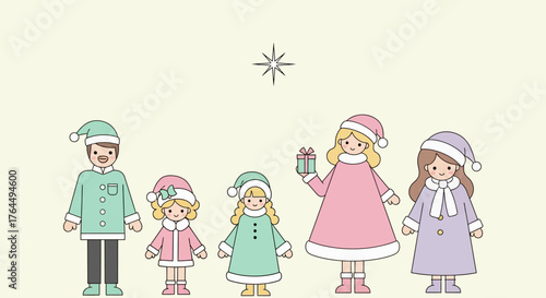 Children in Winter Attire Gazing at a Star, Festive Illustration.