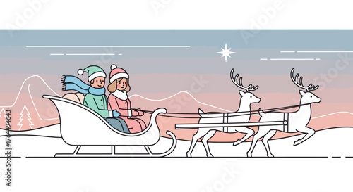 Two children riding in a festive reindeer-pulled sleigh.