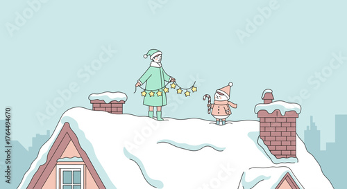 An elf and a gnome decorating a snowy rooftop for Christmas.
