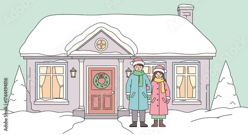 Couple in winter coats and hats standing outside a snow covered house.