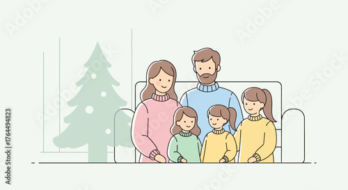Happy family of five with three daughters sitting on a couch.