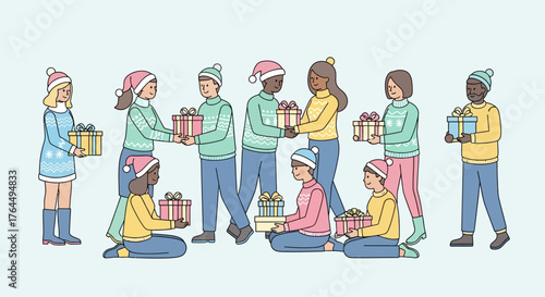 Diverse Group of People Exchanging Christmas Gifts with Joy.
