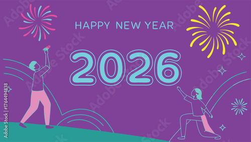 Celebrate vibrant 2026 New Year with dazzling fireworks and joyful figures reaching for the sky