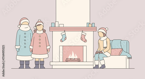 Three children in winter clothes stand near fireplace.