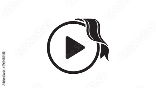 Video play button with ribbon corner, campaign media icon in clean black for awareness clips, social reels, and screening information