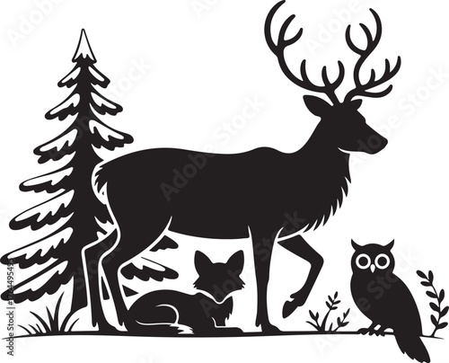 Collection of Winter Animals in Snow Deer, Fox, Rabbit, and Bear Silhouettes
