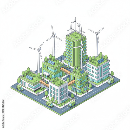 Futuristic eco city with tall green buildings powered by wind and solar energy.